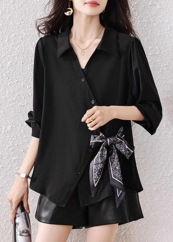 Boutique Black Scarf Tie Waist Cotton Shirts Fall