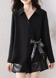 Boutique Black Scarf Tie Waist Cotton Shirts Fall