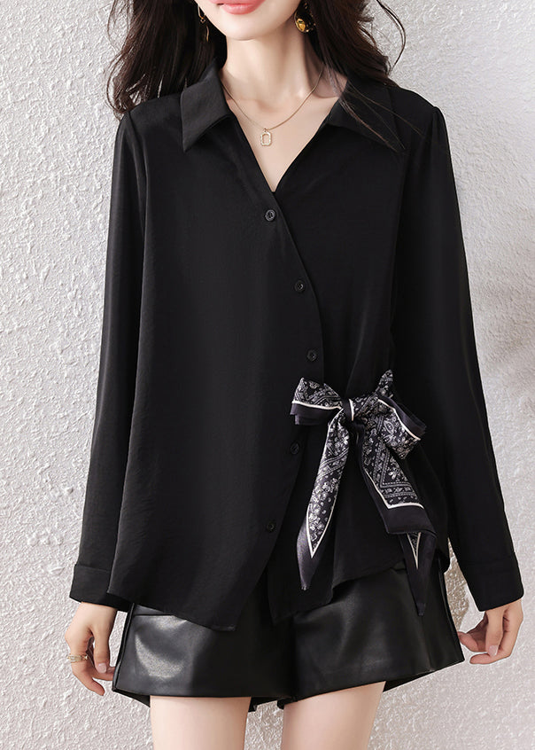 Boutique Black Scarf Tie Waist Cotton Shirts Fall