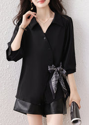Boutique Black Scarf Tie Waist Cotton Shirts Fall