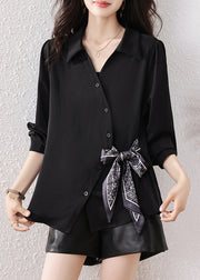 Boutique Black Scarf Tie Waist Cotton Shirts Fall