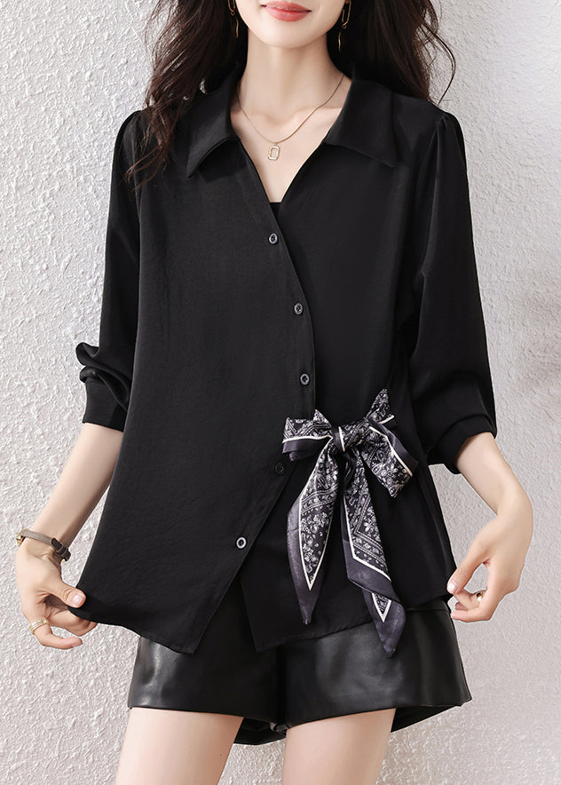 Boutique Black Scarf Tie Waist Cotton Shirts Fall