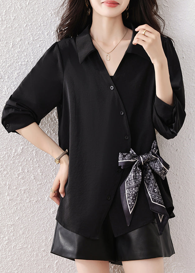 Boutique Black Scarf Tie Waist Cotton Shirts Fall