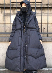 Boutique Black Stand Collar Hooded Drawstring Pockets Cotton blend Cinch Coats Winter
