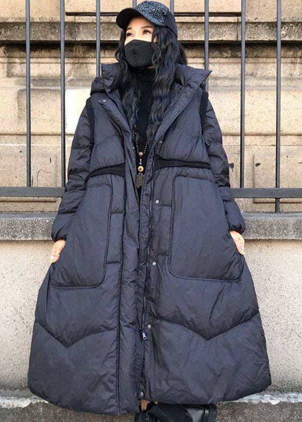 Boutique Black Stand Collar Hooded Drawstring Pockets Cotton blend Cinch Coats Winter