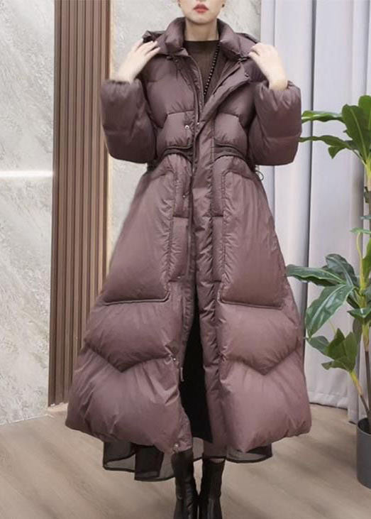 Boutique Black Stand Collar Hooded Drawstring Pockets Cotton blend Cinch Coats Winter