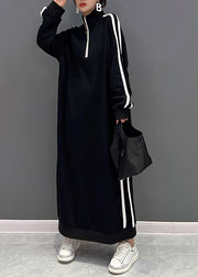 Boutique Black Stand Collar Zip Up Cotton Sweatshirt Dress Spring