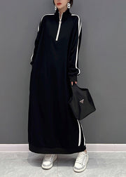 Boutique Black Stand Collar Zip Up Cotton Sweatshirt Dress Spring