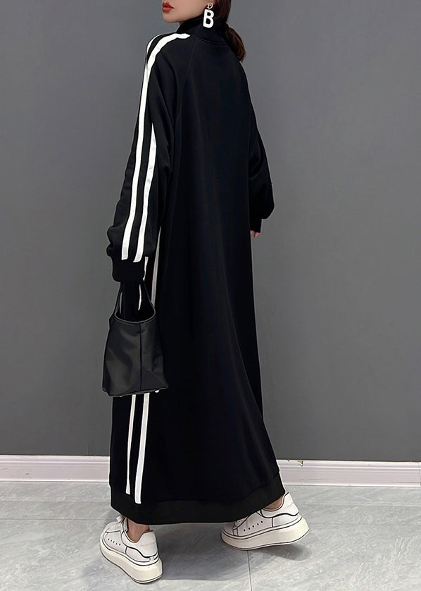 Boutique Black Stand Collar Zip Up Cotton Sweatshirt Dress Spring