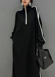 Boutique Black Stand Collar Zip Up Cotton Sweatshirt Dress Spring