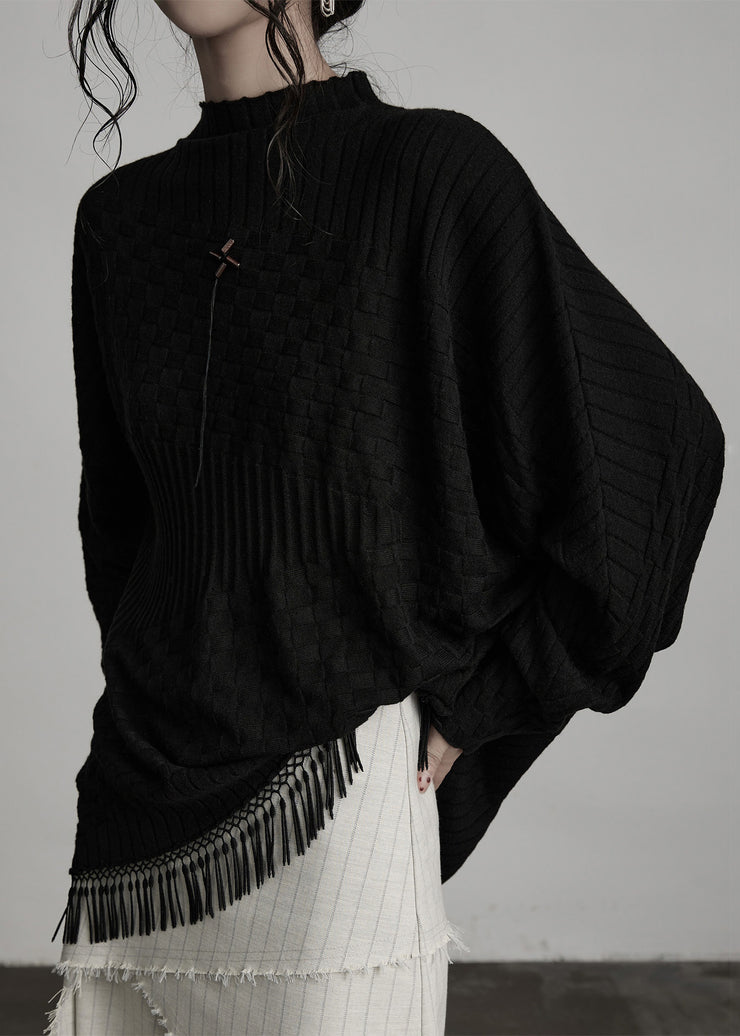 Boutique Black Tasseled Asymmetrical Woolen Knit Top Winter