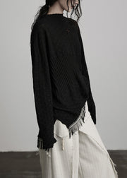 Boutique Black Tasseled Asymmetrical Woolen Knit Top Winter