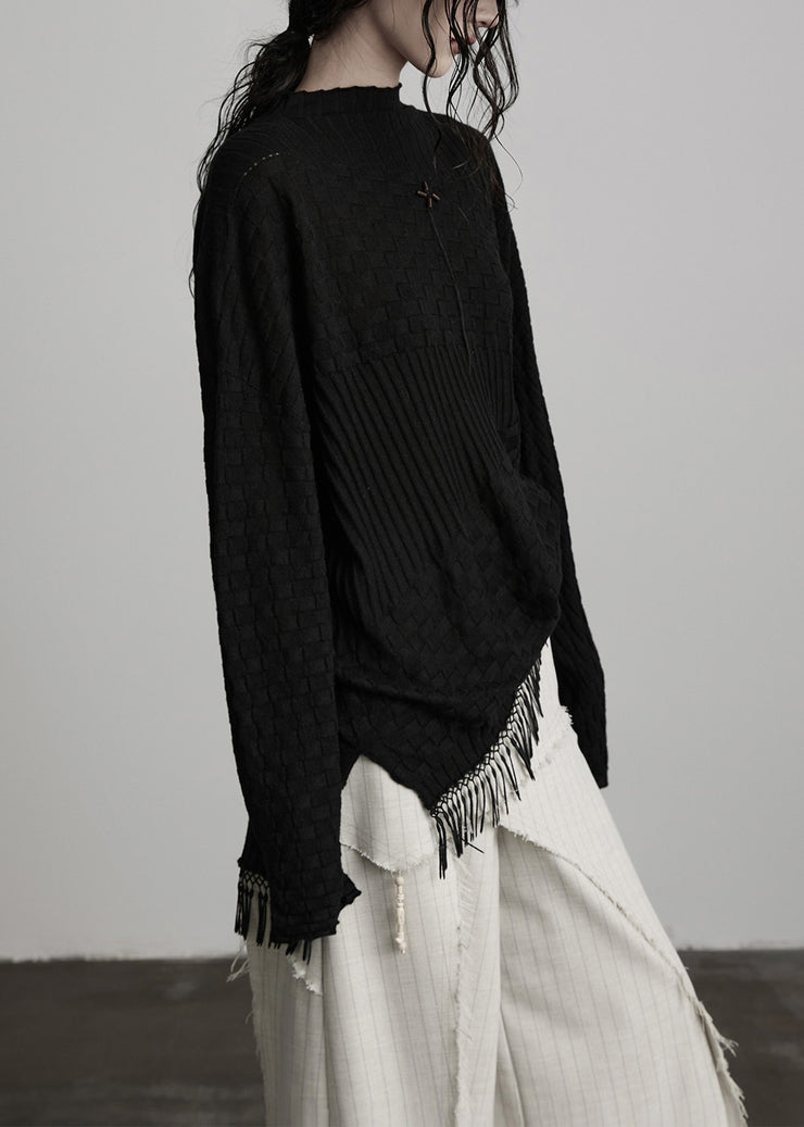Boutique Black Tasseled Asymmetrical Woolen Knit Top Winter