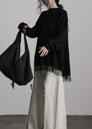 Boutique Black Tasseled Asymmetrical Woolen Knit Top Winter