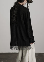 Boutique Black Tasseled Asymmetrical Woolen Knit Top Winter