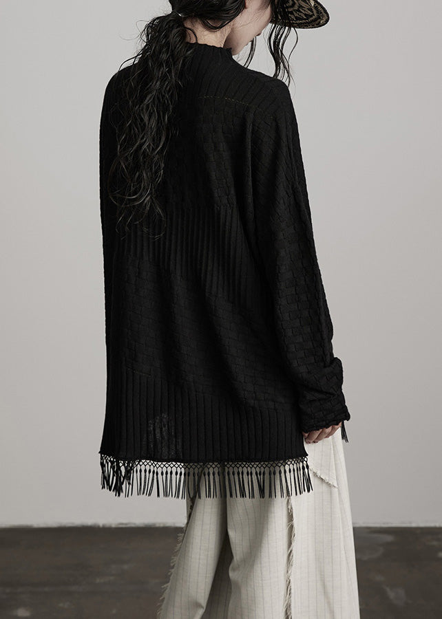 Boutique Black Tasseled Asymmetrical Woolen Knit Top Winter