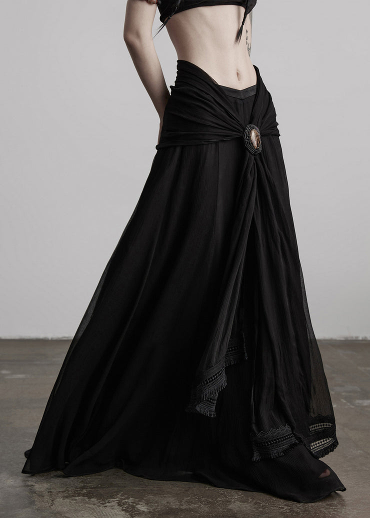 Boutique Black Tasseled Patchwork Exra Large Hem Silk Skirts Fall