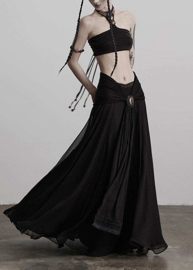 Boutique Black Tasseled Patchwork Exra Large Hem Silk Skirts Fall