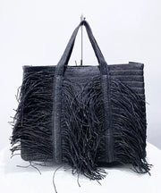 Boutique Black Tasseled Weave Faux Leather Tote Handbag