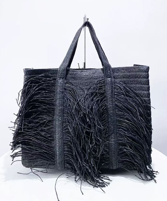 Boutique Black Tasseled Weave Faux Leather Tote Handbag