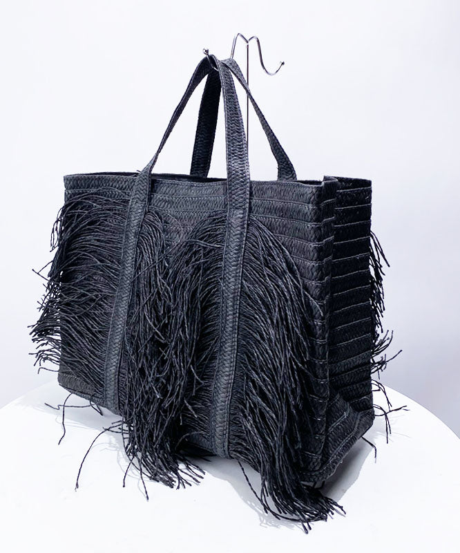 Boutique Black Tasseled Weave Faux Leather Tote Handbag
