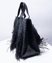 Boutique Black Tasseled Weave Faux Leather Tote Handbag