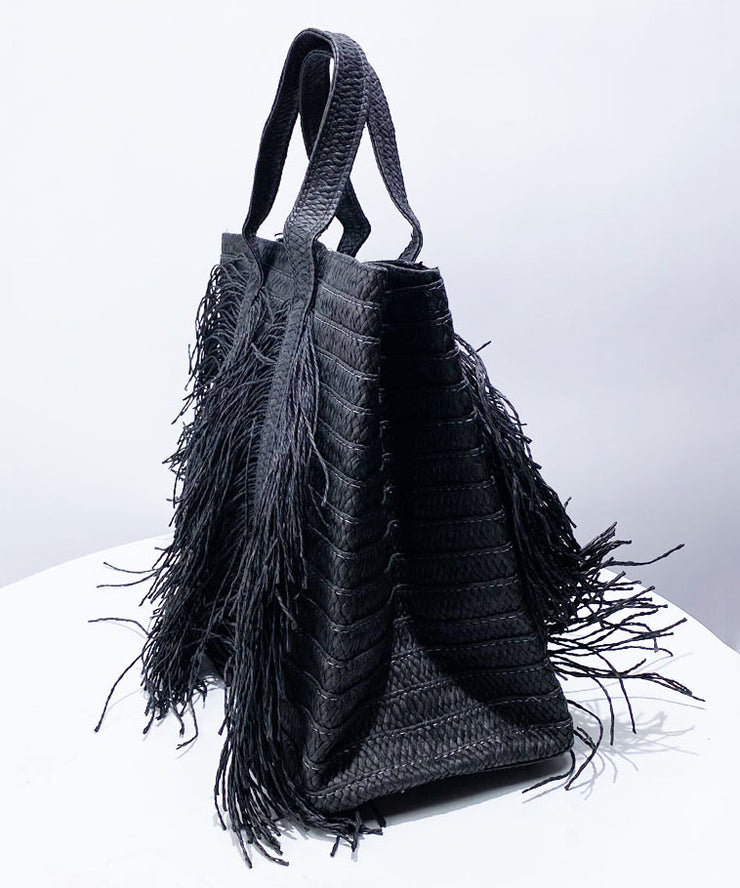 Boutique Black Tasseled Weave Faux Leather Tote Handbag