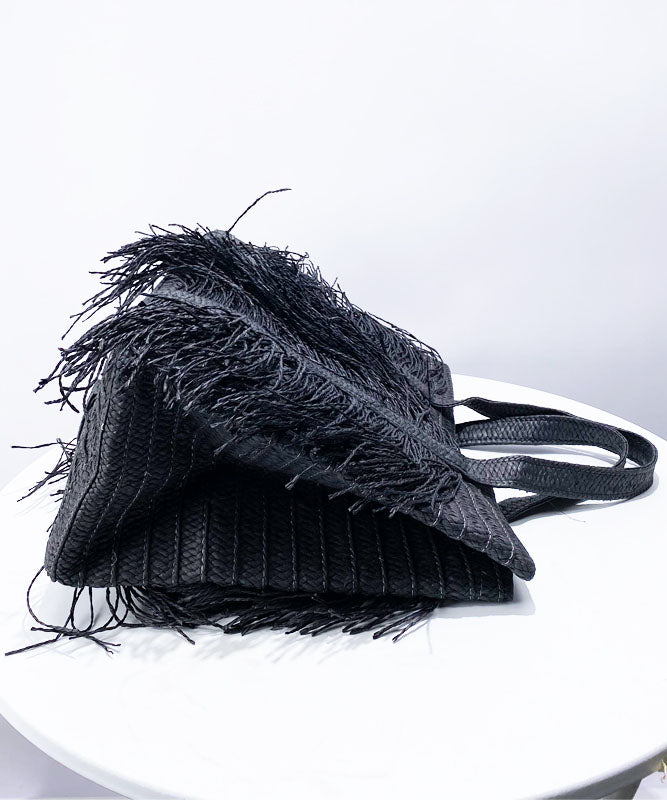 Boutique Black Tasseled Weave Faux Leather Tote Handbag