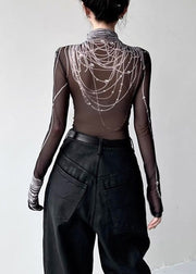 Boutique Black Turtleneck Pearl Print Tulle Top Spring