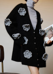 Boutique Black V Neck Floral Button Knit Cardigans Fall