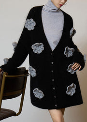 Boutique Black V Neck Floral Button Knit Cardigans Fall