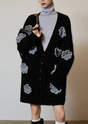 Boutique Black V Neck Floral Button Knit Cardigans Fall