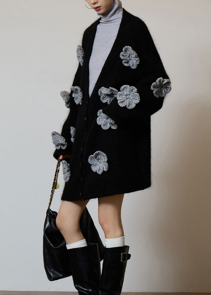 Boutique Black V Neck Floral Button Knit Cardigans Fall