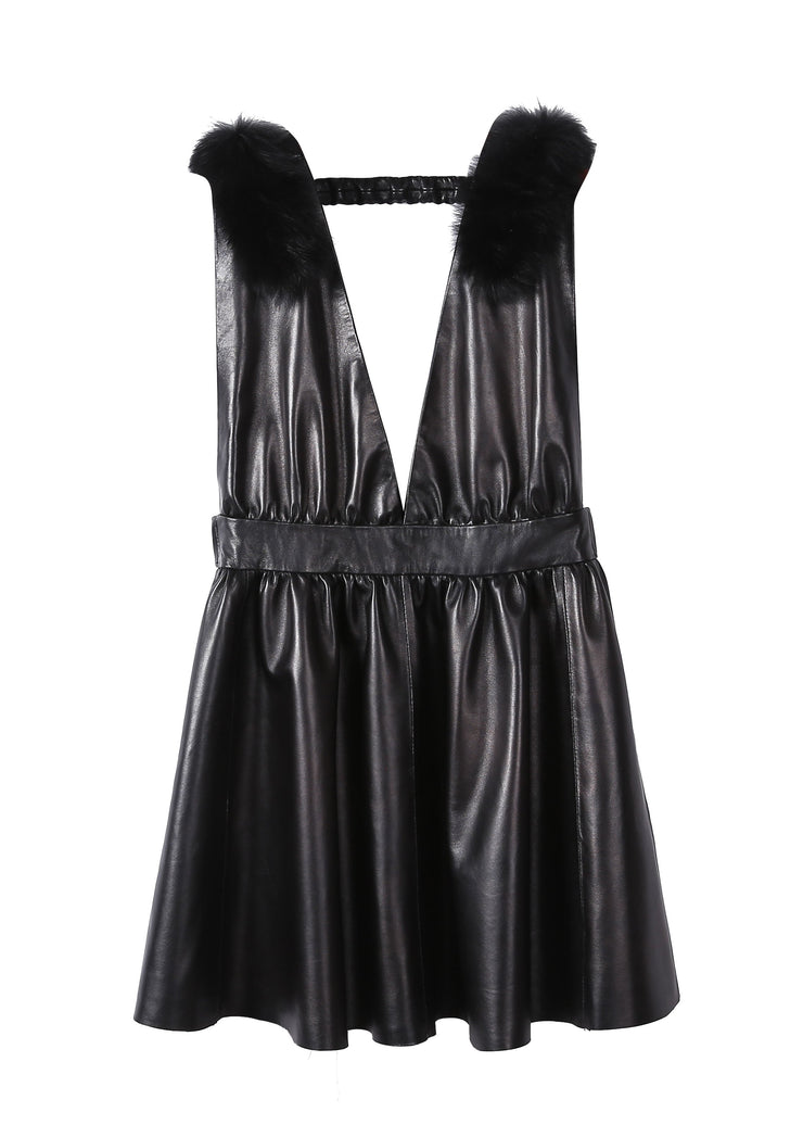 Boutique Black V Neck Fox collar Slim Fit Sheepskin Dress Sleeveless
