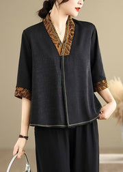 Boutique Black V Neck Patchwork Silk Shirts Half Sleeve