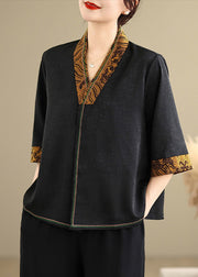 Boutique Black V Neck Patchwork Silk Shirts Half Sleeve