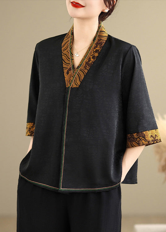 Boutique Black V Neck Patchwork Silk Shirts Half Sleeve