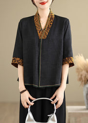 Boutique Black V Neck Patchwork Silk Shirts Half Sleeve