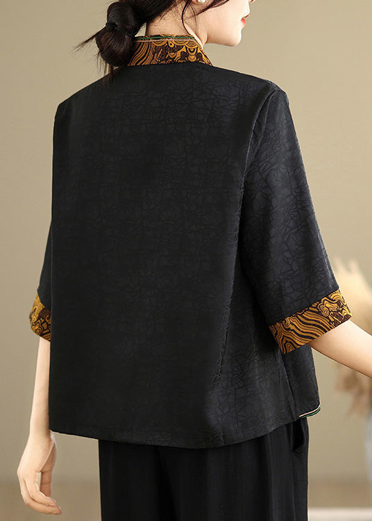 Boutique Black V Neck Patchwork Silk Shirts Half Sleeve