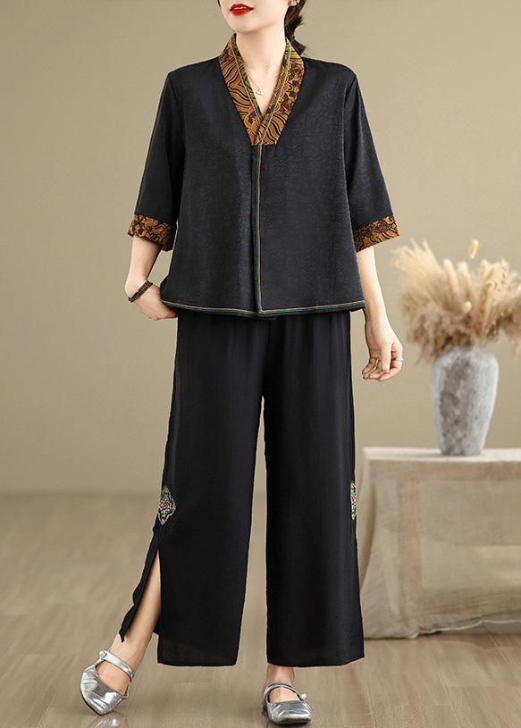 Boutique Black V Neck Patchwork Silk Shirts Half Sleeve
