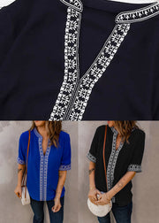 Boutique Black V Neck Patchwork Top Short Sleeve