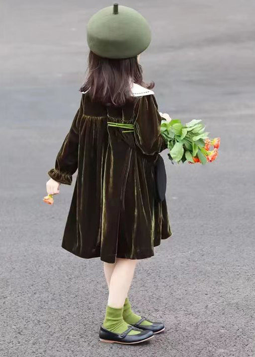 Boutique Blackish Green Wrinkled Patchwork Velour Baby Girls Dress Fall
