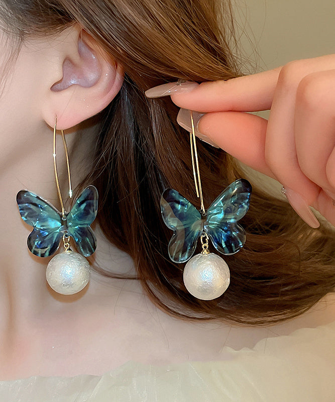 Boutique Blue Acrylic Butterfly Pearl Hoop Earrings