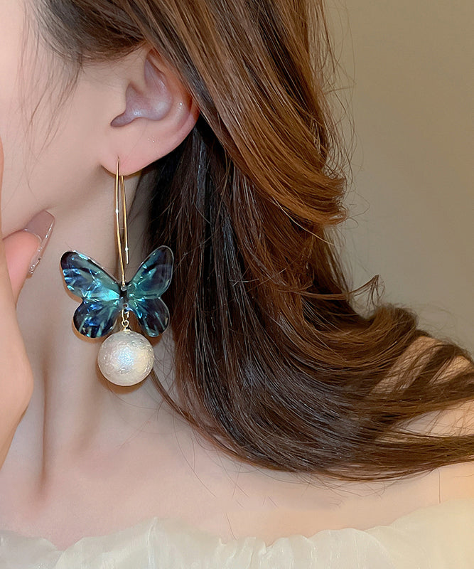 Boutique Blue Acrylic Butterfly Pearl Hoop Earrings
