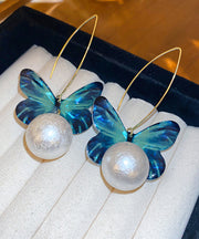 Boutique Blue Acrylic Butterfly Pearl Hoop Earrings