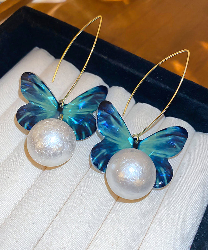 Boutique Blue Acrylic Butterfly Pearl Hoop Earrings