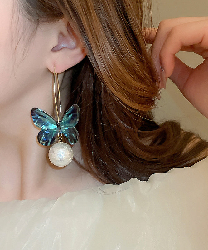 Boutique Blue Acrylic Butterfly Pearl Hoop Earrings