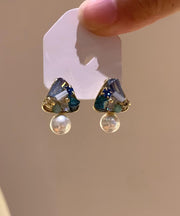 Boutique Blue Copper Alloy Triangle Pearl Stud Earrings