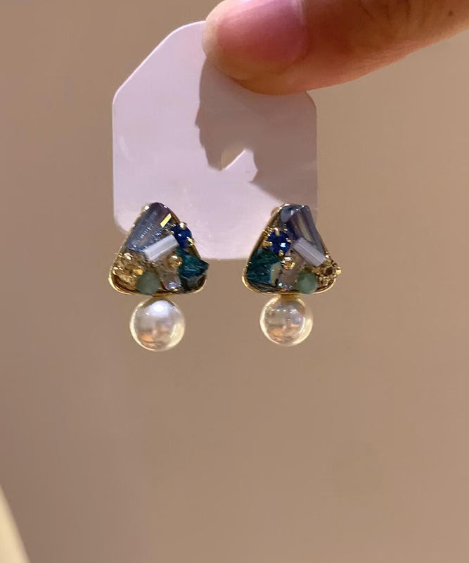 Boutique Blue Copper Alloy Triangle Pearl Stud Earrings