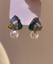 Boutique Blue Copper Alloy Triangle Pearl Stud Earrings